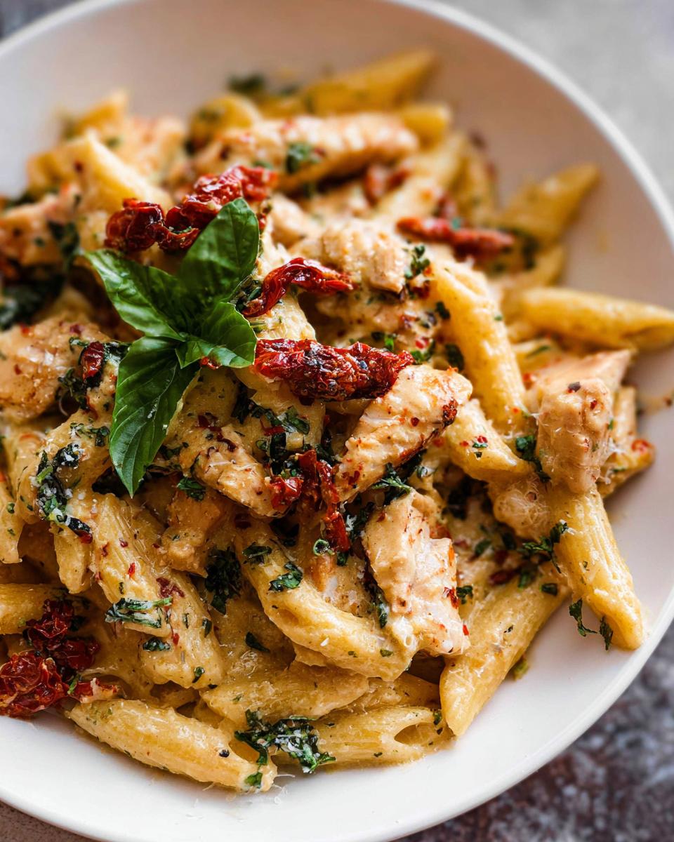 A close-up of creamy Parmesan Marry Me Chicken Pasta with penne, chicken pieces, sun-dried tomatoes, and fresh basil.