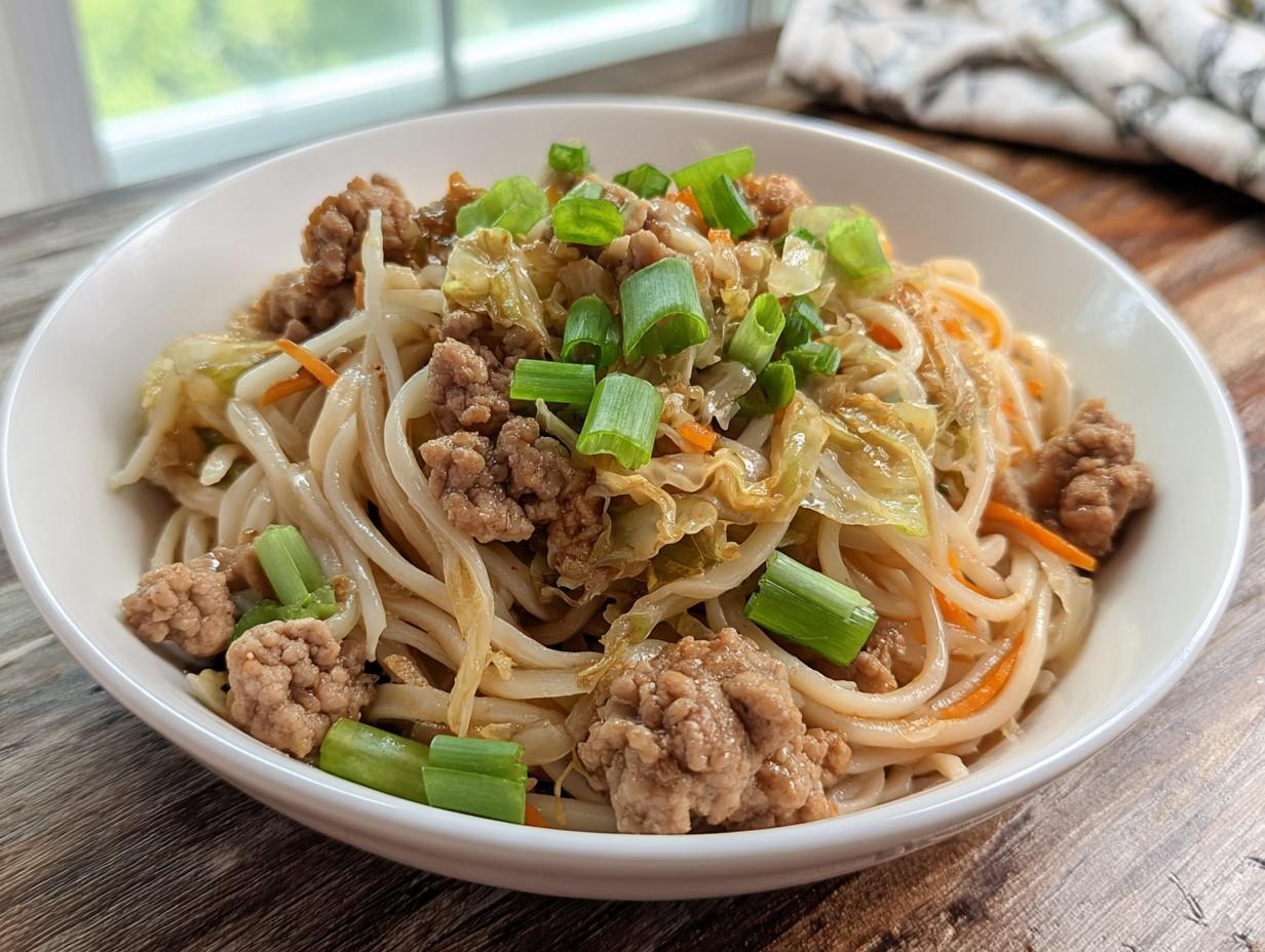 Delicious Potsticker Noodle Bowl with Pork & Cabbage Slaw