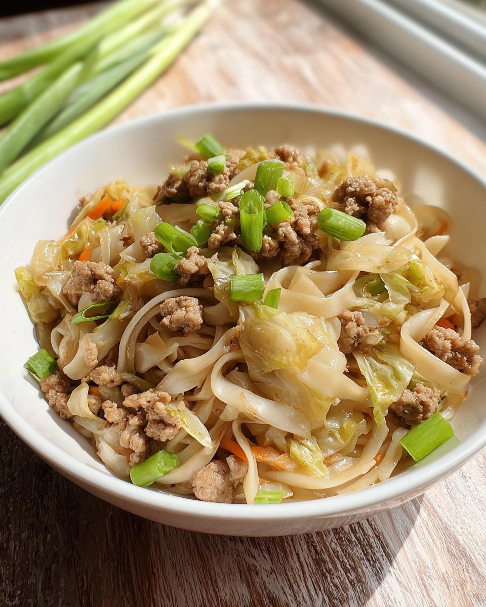 A close-up of a white bowl filled with Potsticker Noodle Bowl with Pork & Cabbage Slaw, garnished with green onions.