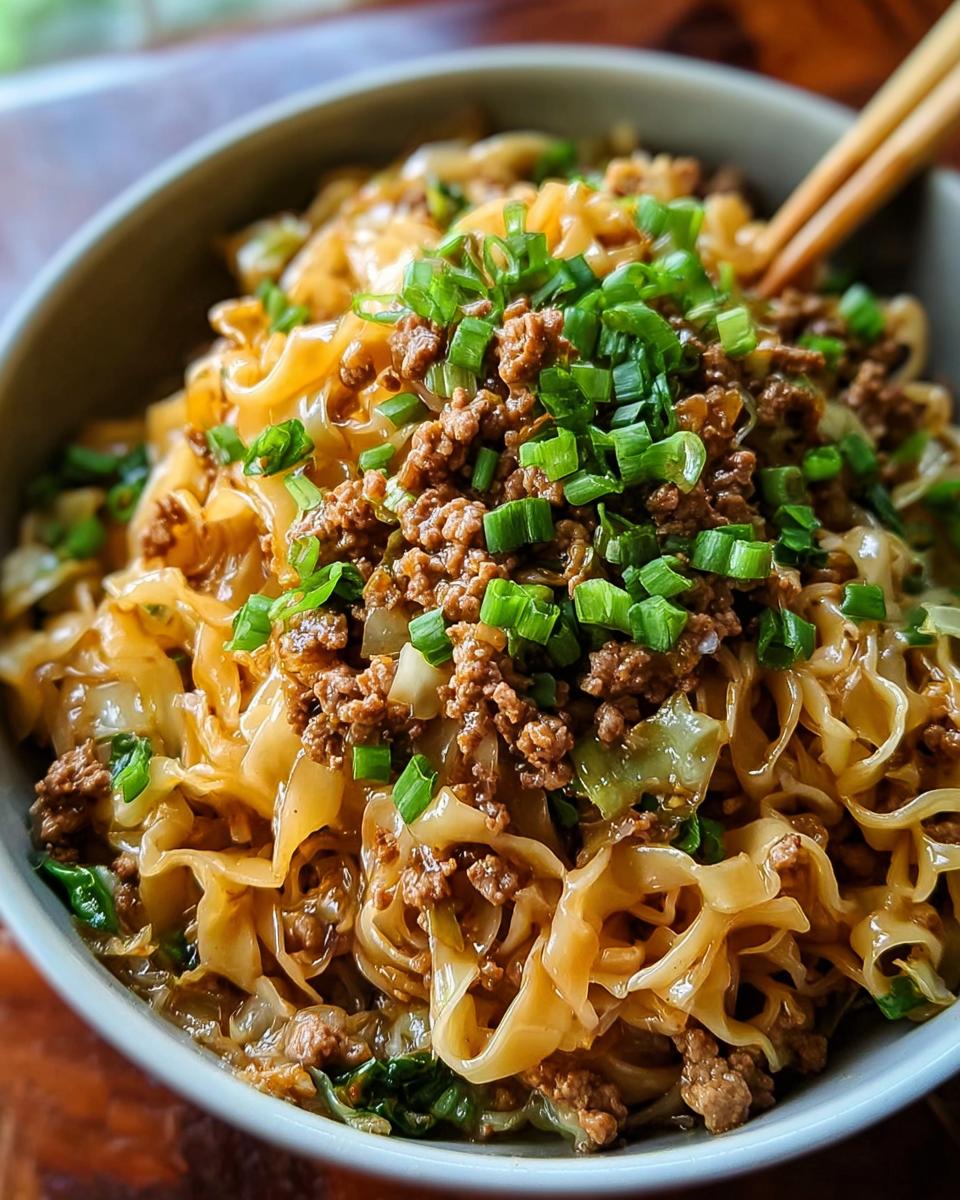 A close-up of a bowl of Potsticker Noodle Bowl with Pork & Cabbage Slaw, topped with chopped green onions.