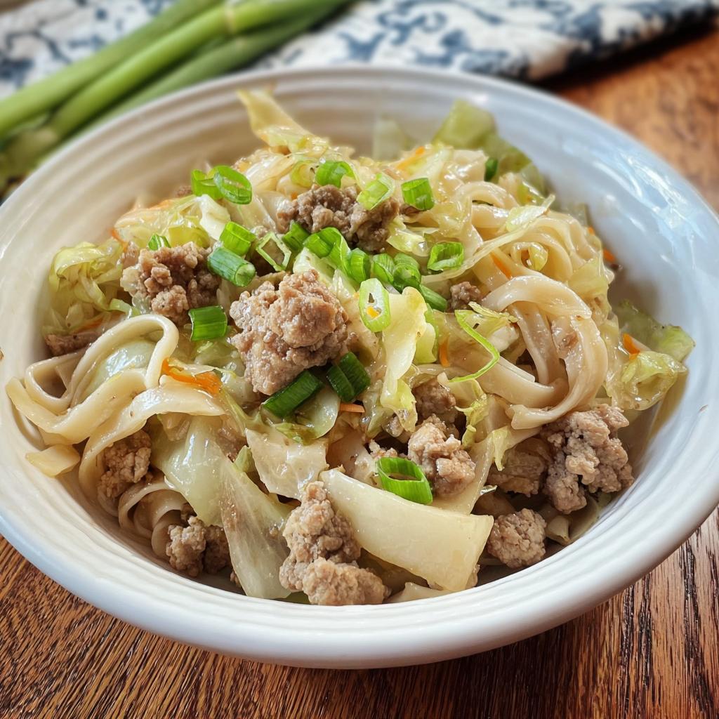 A close-up of a white bowl filled with Potsticker Noodle Bowl with Pork & Cabbage Slaw, topped with chopped green onions.