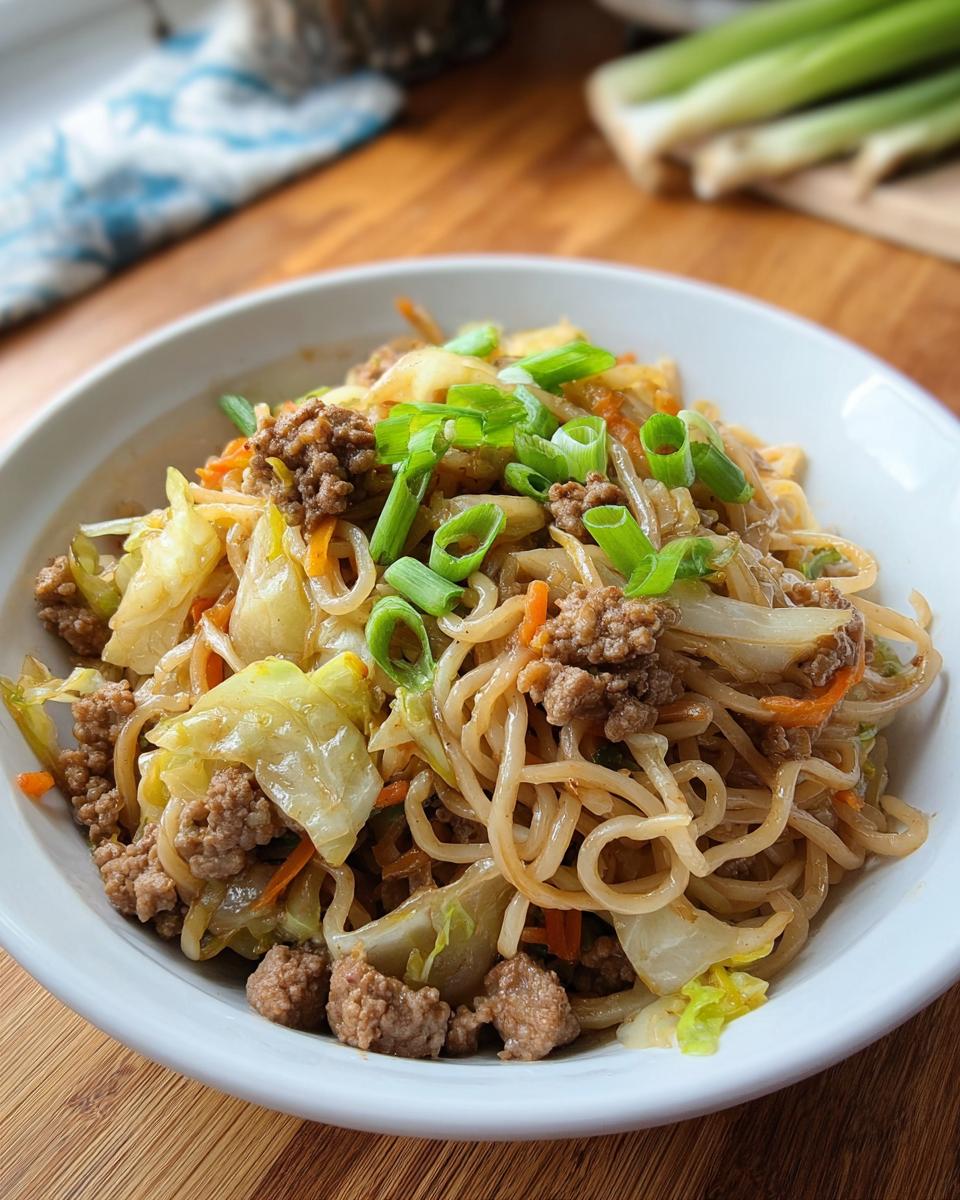 A close-up of a white bowl filled with Potsticker Noodle Bowl with Pork & Cabbage Slaw, topped with green onions.