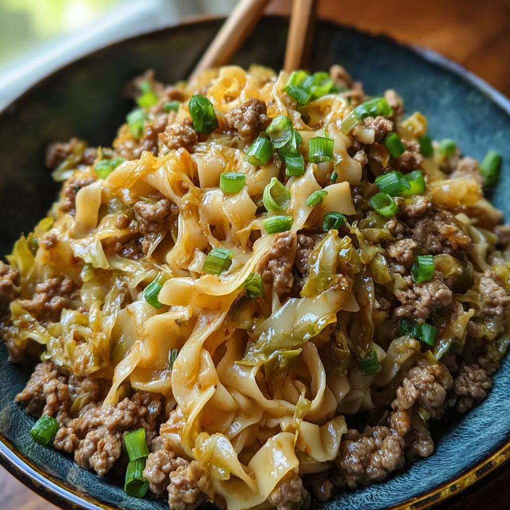 A close-up of a delicious Potsticker Noodle Bowl with Pork & Cabbage Slaw, garnished with green onions.