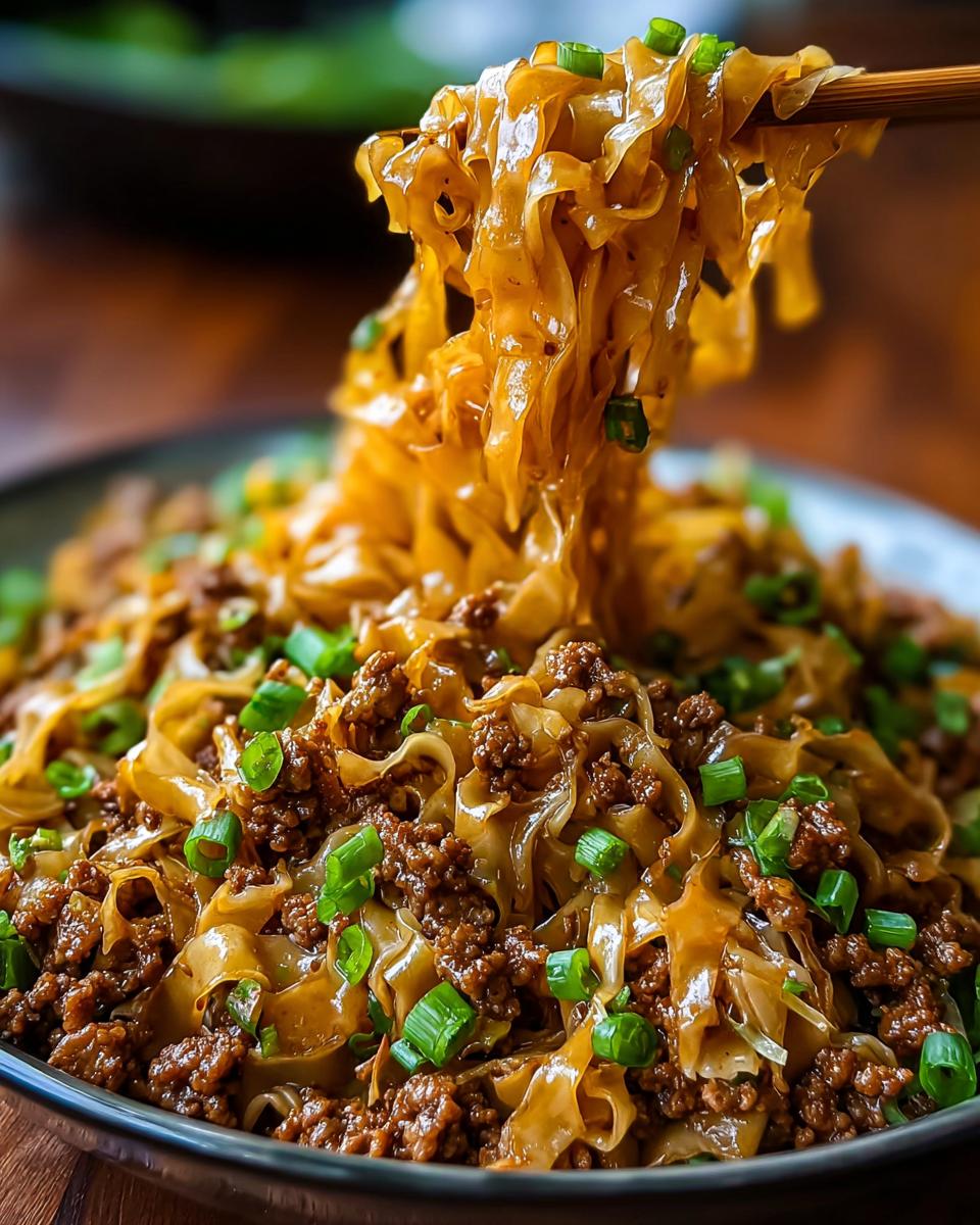 Close-up of a steaming Potsticker Noodle Bowl with Pork, featuring wide noodles coated in sauce and topped with fresh green scallions.