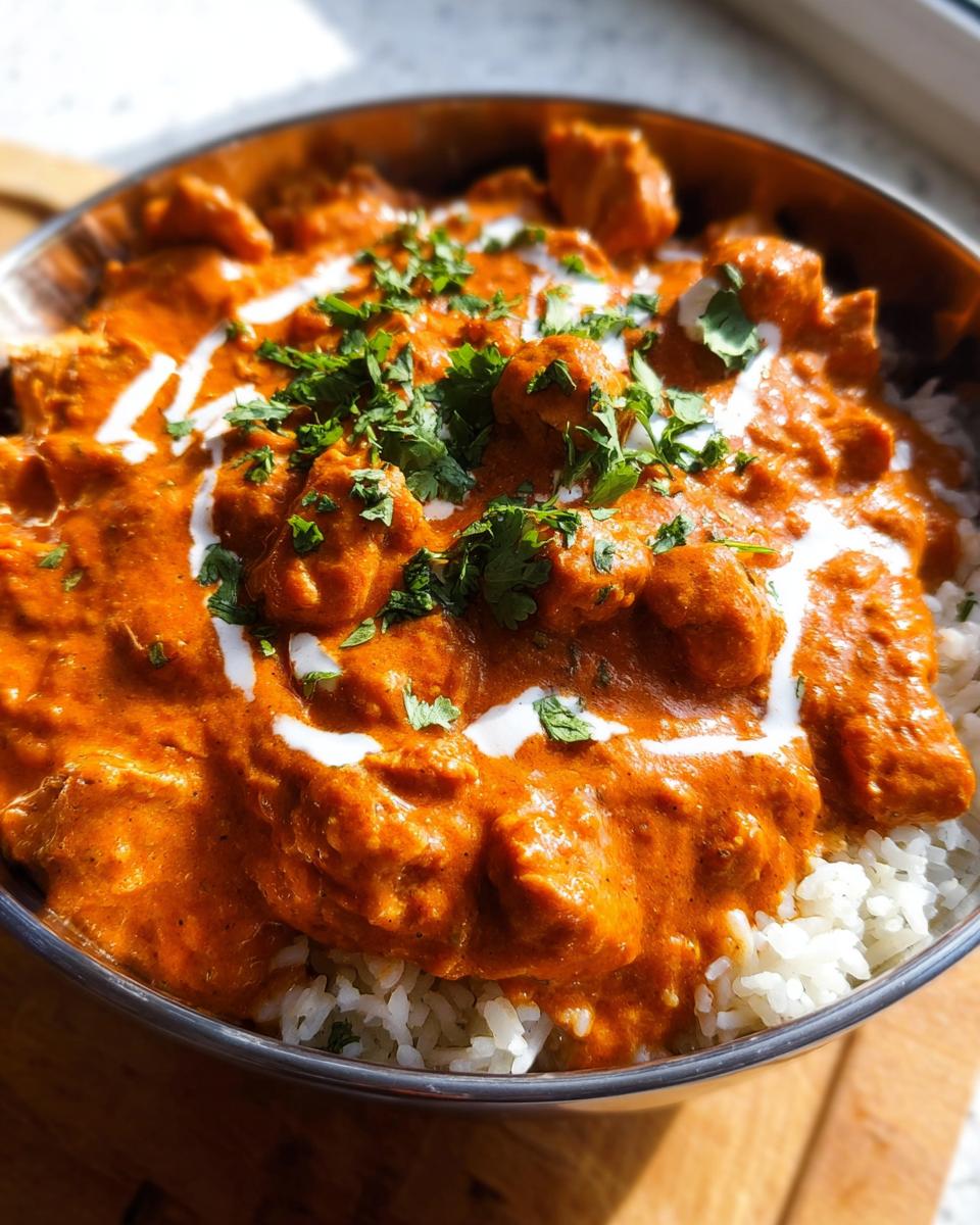 A close-up of a bowl of Quick & Easy Homemade Butter Chicken served over fluffy white rice, garnished with cilantro and a swirl of cream.
