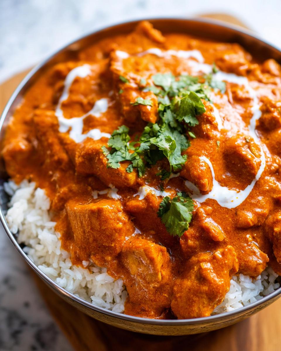 A close-up of Quick & Easy Homemade Butter Chicken served over fluffy white rice, garnished with cilantro and a swirl of cream.