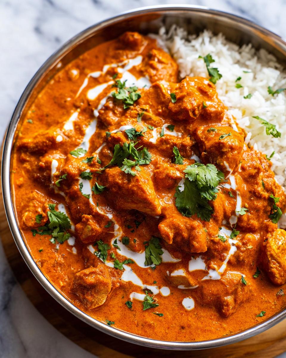 A close-up of a bowl of Quick & Easy Homemade Butter Chicken served with fluffy white rice, garnished with fresh cilantro and a swirl of cream.
