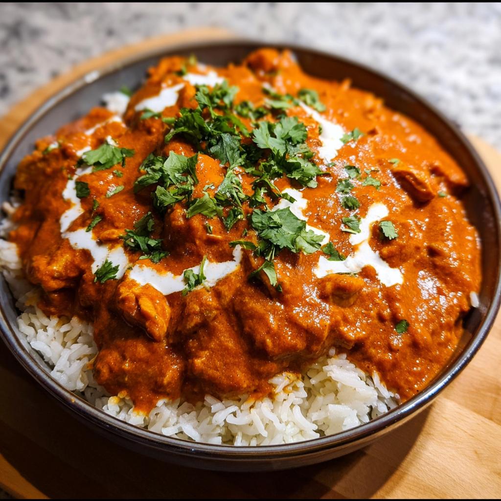 A bowl of fluffy white rice topped with creamy, saucy Quick & Easy Homemade Butter Chicken, garnished with cilantro.