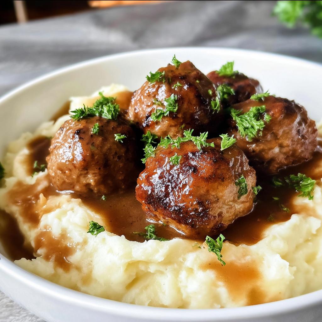 Close-up of Salisbury steak meatballs smothered in gravy, served over creamy garlic herb mashed potatoes and garnished with parsley.