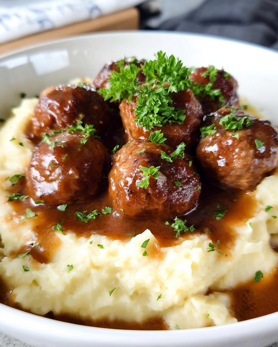 A close-up of Salisbury Steak Meatballs smothered in gravy, served over fluffy Garlic Herb Mashed Potatoes and garnished with fresh parsley.
