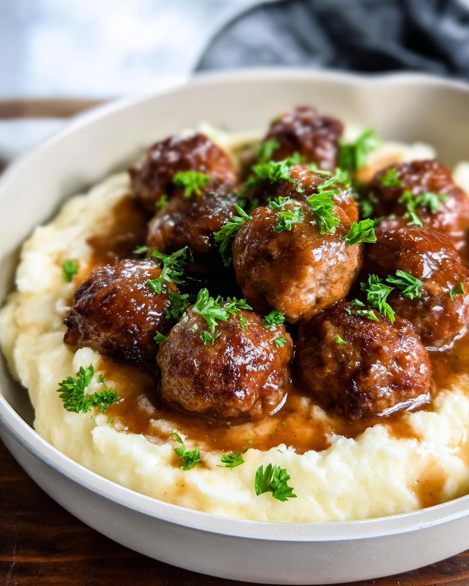 Close-up of Salisbury Steak Meatballs nestled in creamy Garlic Herb Mashed Potatoes, garnished with fresh parsley.
