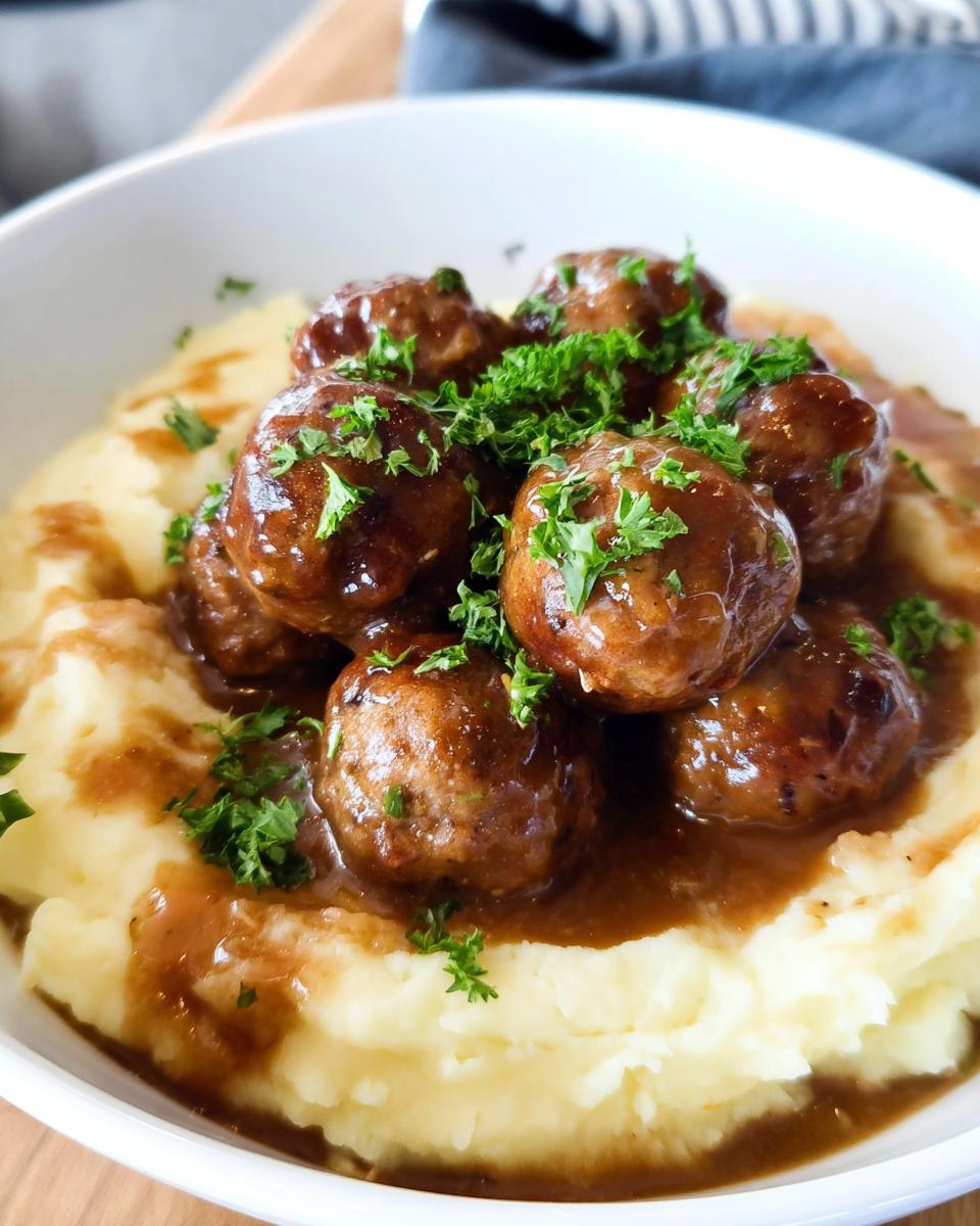 A bowl of Salisbury Steak Meatballs smothered in gravy, served over creamy Garlic Herb Mashed Potatoes and garnished with parsley.