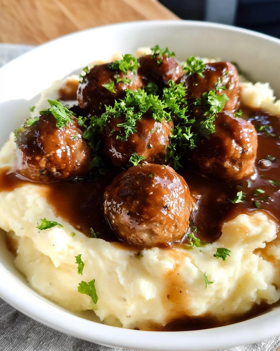 A bowl of Salisbury Steak Meatballs smothered in gravy, served over creamy Garlic Herb Mashed Potatoes and garnished with parsley.