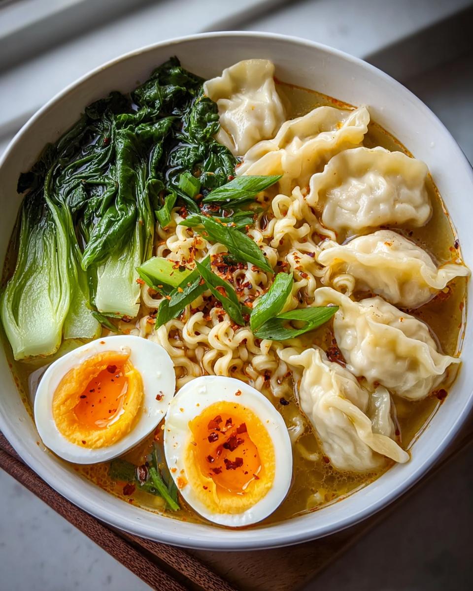 A delicious bowl of Savory Dumpling Ramen with soft-boiled eggs, bok choy, and chili flakes.