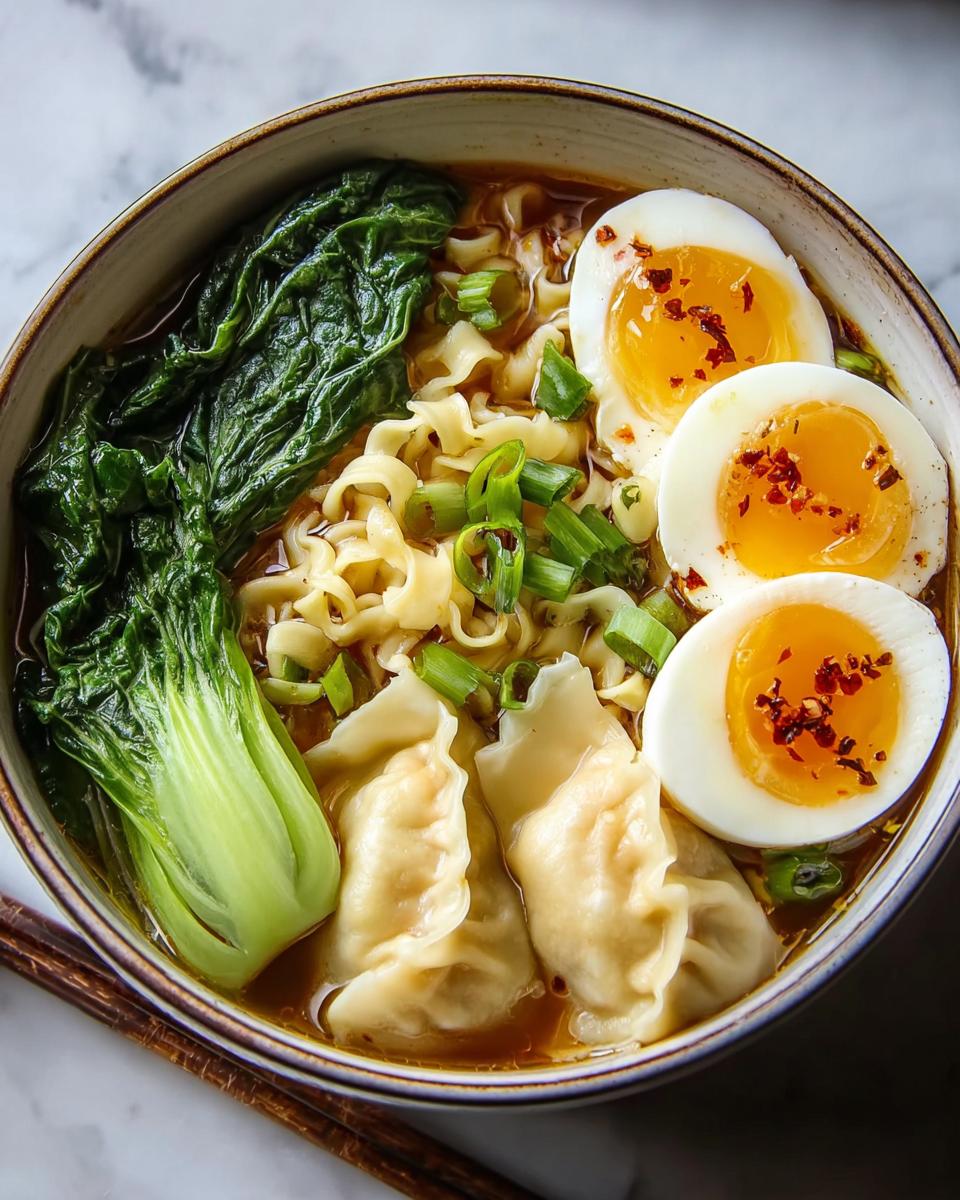A close-up of a Savory Dumpling Ramen Bowl with soft-boiled eggs, bok choy, and ramen noodles.