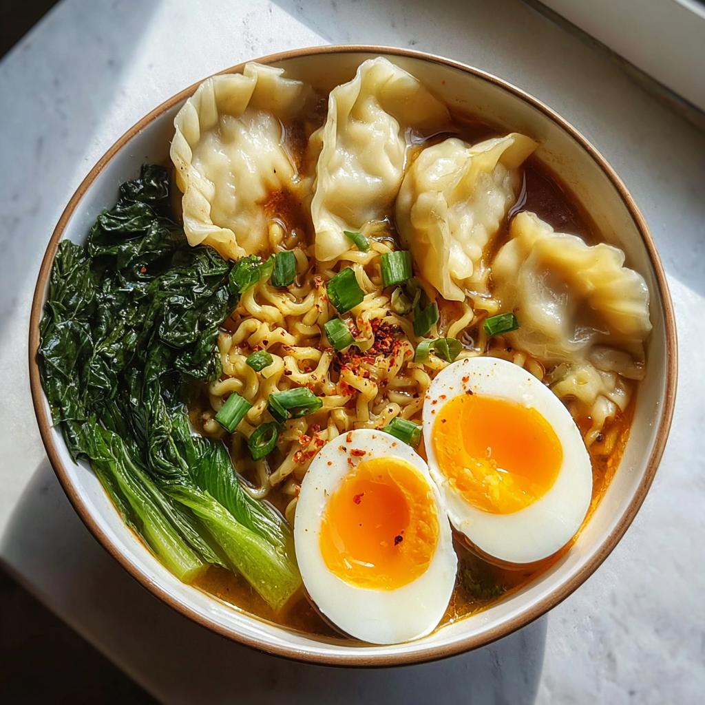 A delicious bowl of Savory Dumpling Ramen, featuring ramen noodles, dumplings, soft-boiled eggs, and fresh greens.