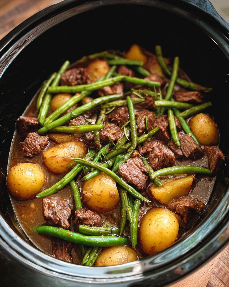 Close-up of Slow Cooker Garlic Butter Beef with Potatoes and green beans in a black crock pot.