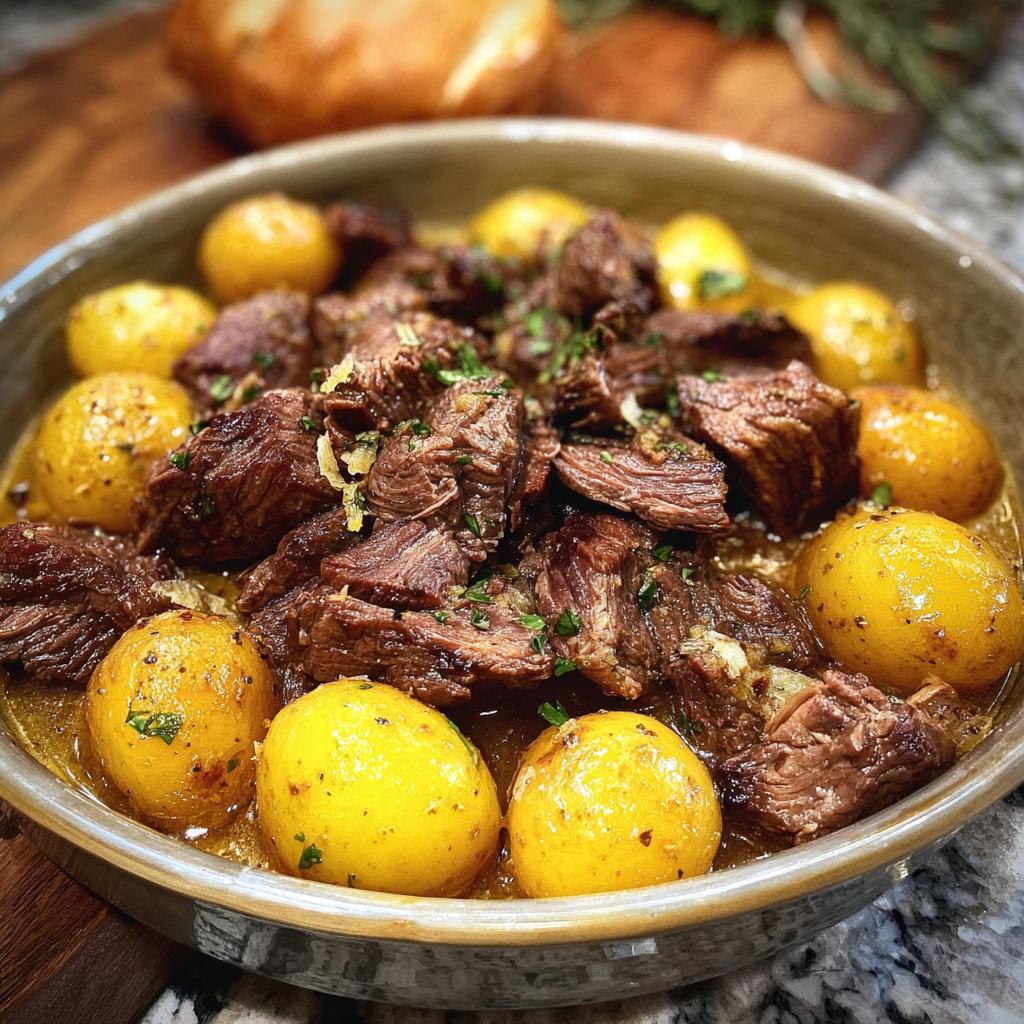 A bowl of tender Slow Cooker Garlic Butter Beef with Potatoes, garnished with fresh parsley.