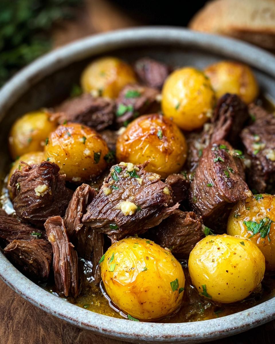 Close-up of tender Slow Cooker Garlic Butter Beef with Potatoes in a bowl, garnished with parsley.