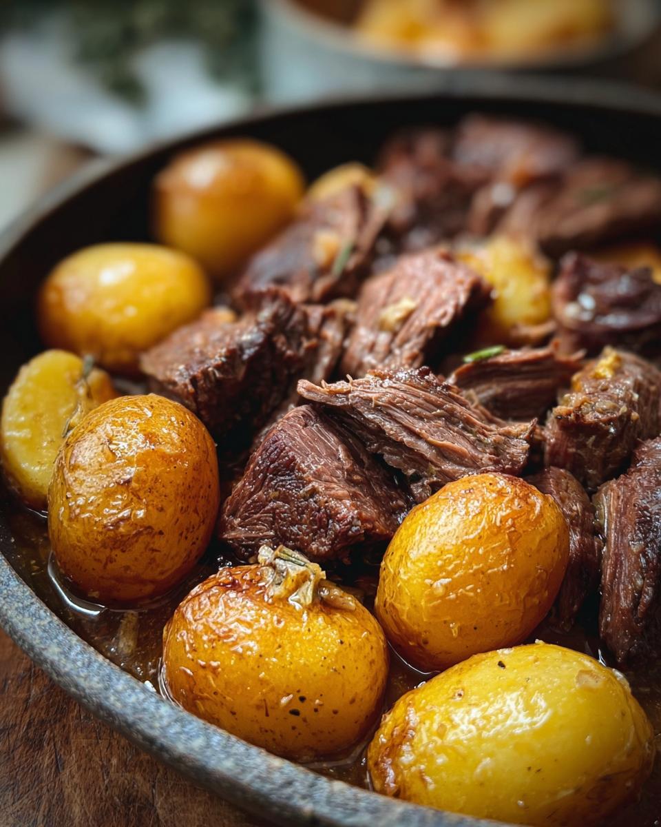 Close-up of tender Slow Cooker Garlic Butter Beef with Potatoes in a rustic bowl.