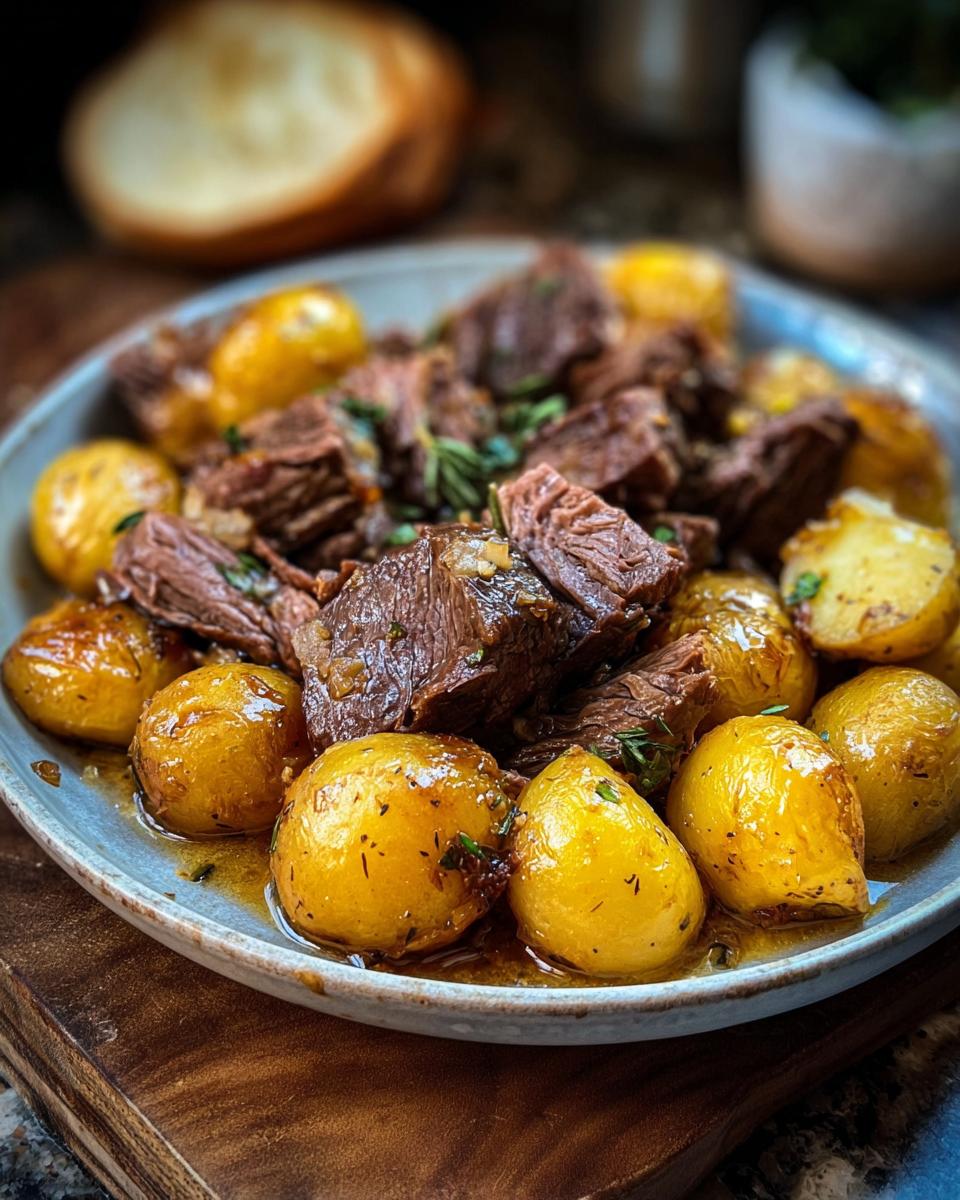 A close-up of tender Slow Cooker Garlic Butter Beef with Potatoes, glistening in a savory sauce.