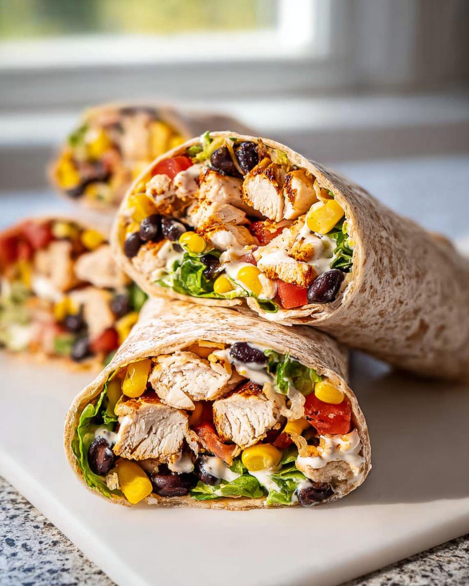 Close-up of a halved Southwest Chicken Wrap filled with grilled chicken, black beans, corn, lettuce, and creamy sauce.