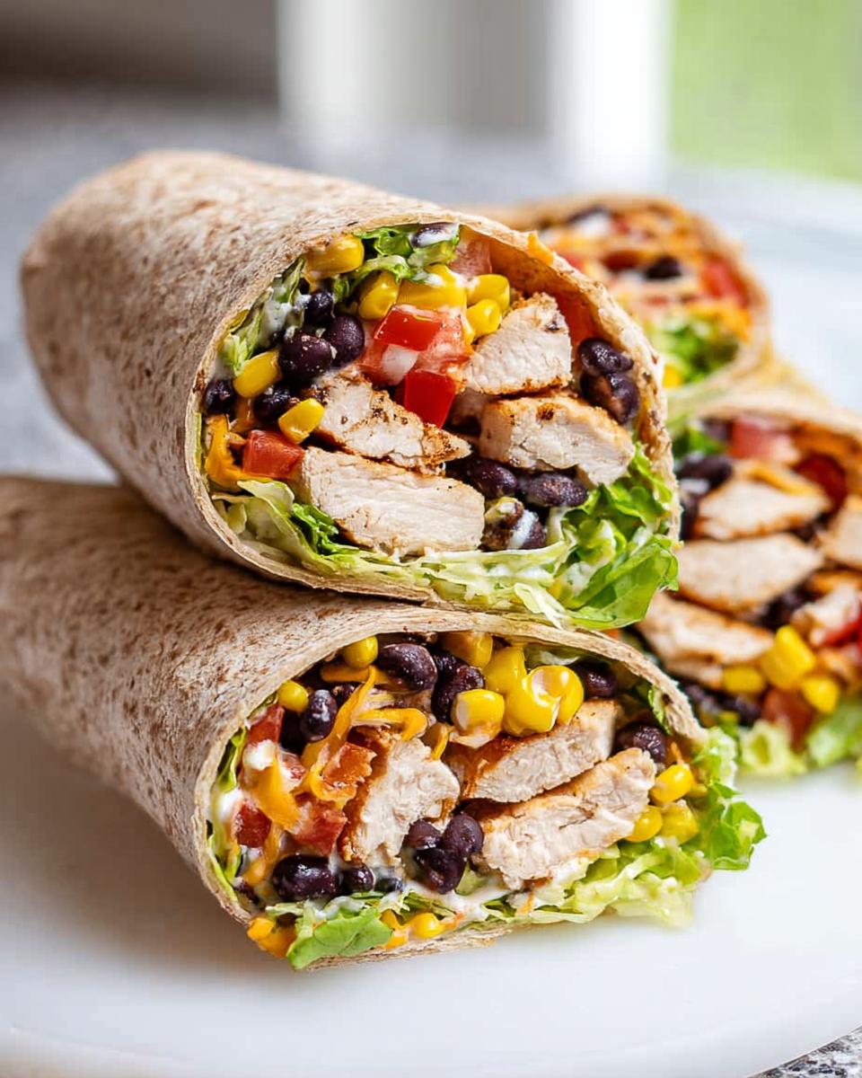 Close-up of delicious Southwest Chicken Wraps filled with grilled chicken, black beans, corn, lettuce, and cheese.