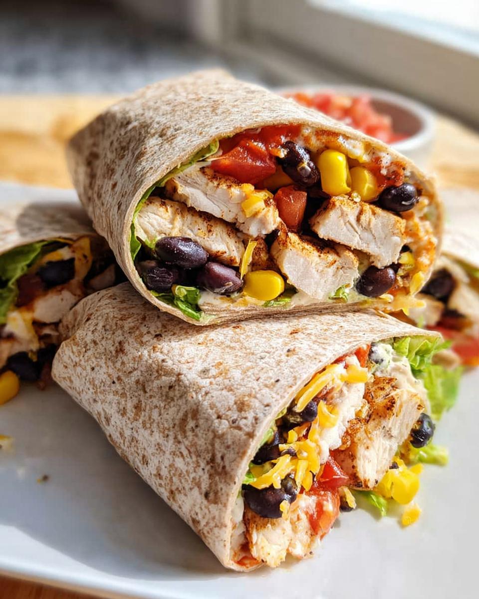 Close-up of two Southwest Chicken Wraps filled with grilled chicken, black beans, corn, cheese, and salsa.