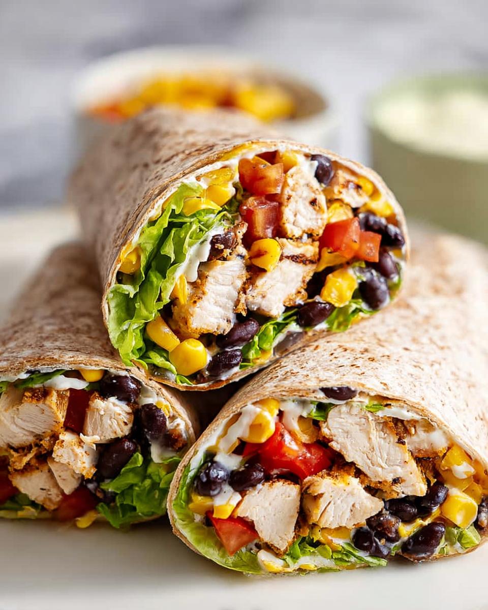 Close-up of delicious Southwest Chicken Wraps filled with grilled chicken, black beans, corn, lettuce, and tomatoes.