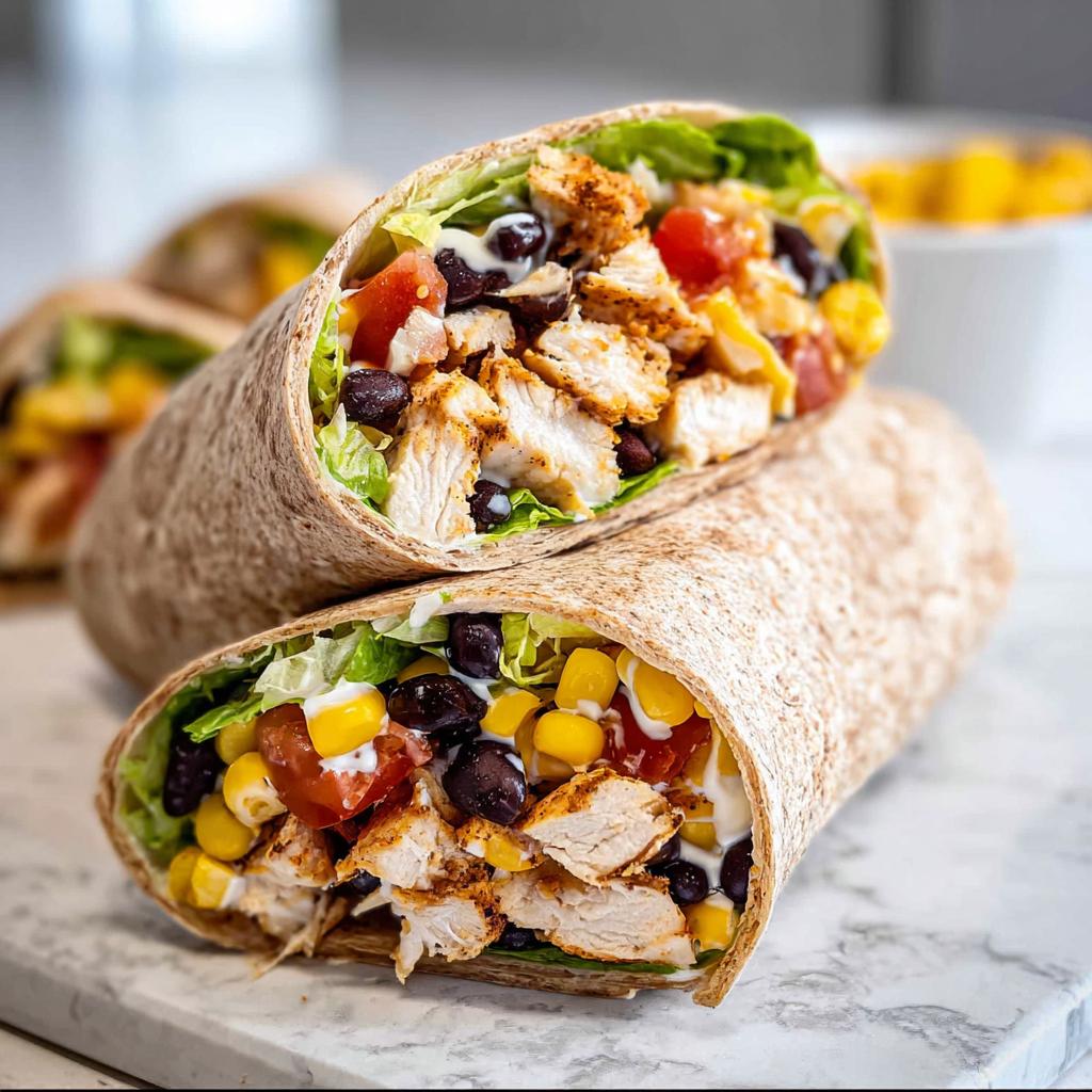 Close-up of two halves of a Southwest Chicken Wrap, showing seasoned chicken, black beans, corn, lettuce, and tomato.