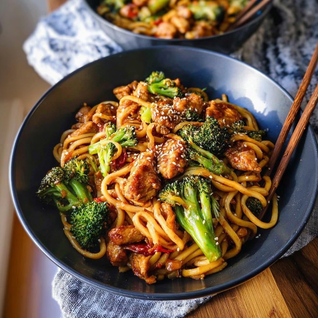 A close-up of a bowl filled with Spicy Garlic Chicken and Broccoli Noodle Bowls, garnished with sesame seeds.