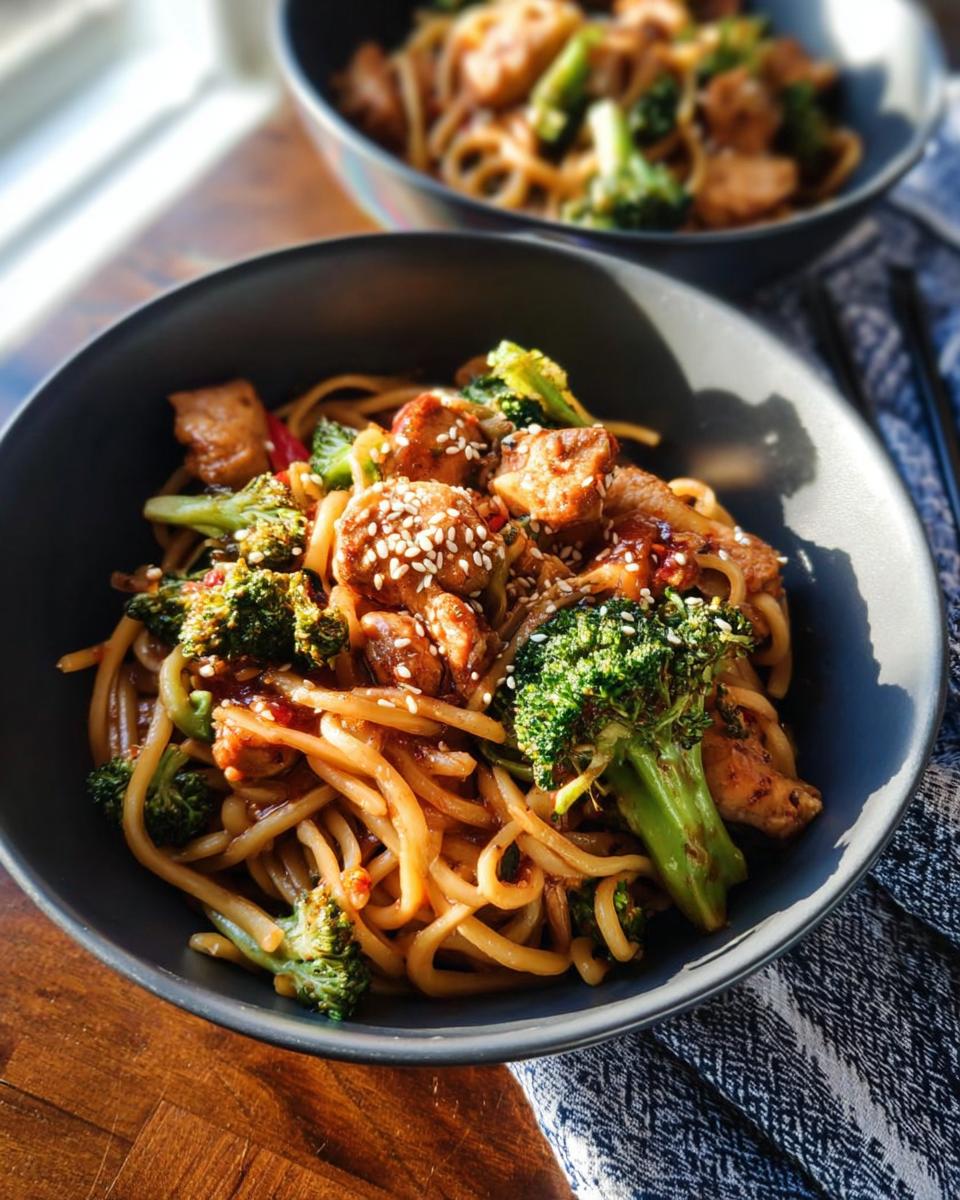 A close-up of a bowl of Spicy Garlic Chicken and Broccoli Noodle Bowls, topped with sesame seeds.