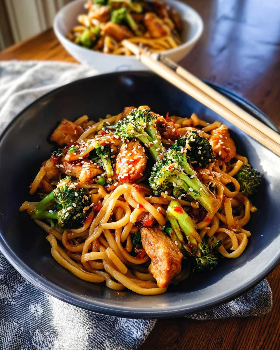 A close-up of a bowl of Spicy Garlic Chicken and Broccoli Noodle Bowls, garnished with sesame seeds.