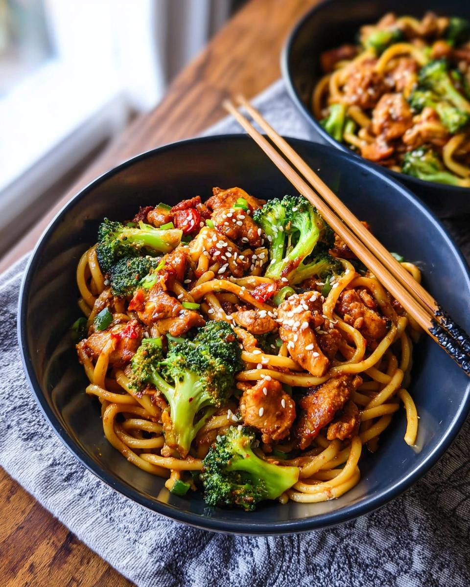 A close-up of a bowl of Spicy Garlic Chicken and Broccoli Noodle Bowls, topped with sesame seeds and chopsticks resting on the side.