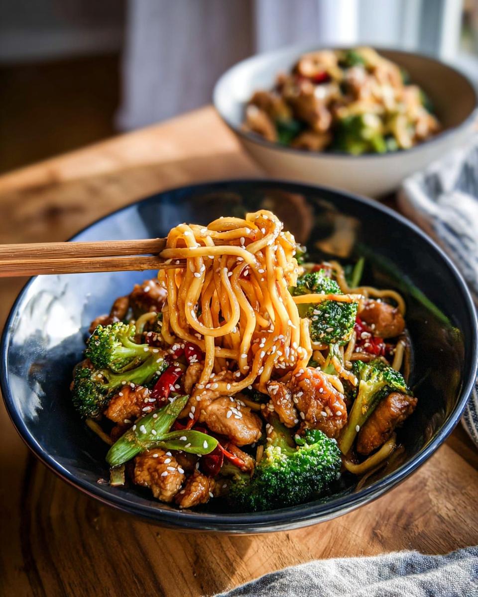 A close-up of Spicy Garlic Chicken and Broccoli Noodle Bowls, with noodles being lifted by chopsticks.