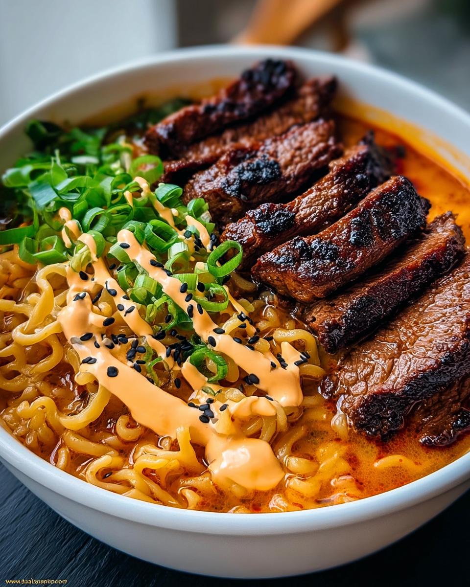 A close-up of Spicy Korean Ramen with tender grilled beef slices, creamy sauce, and green onions.