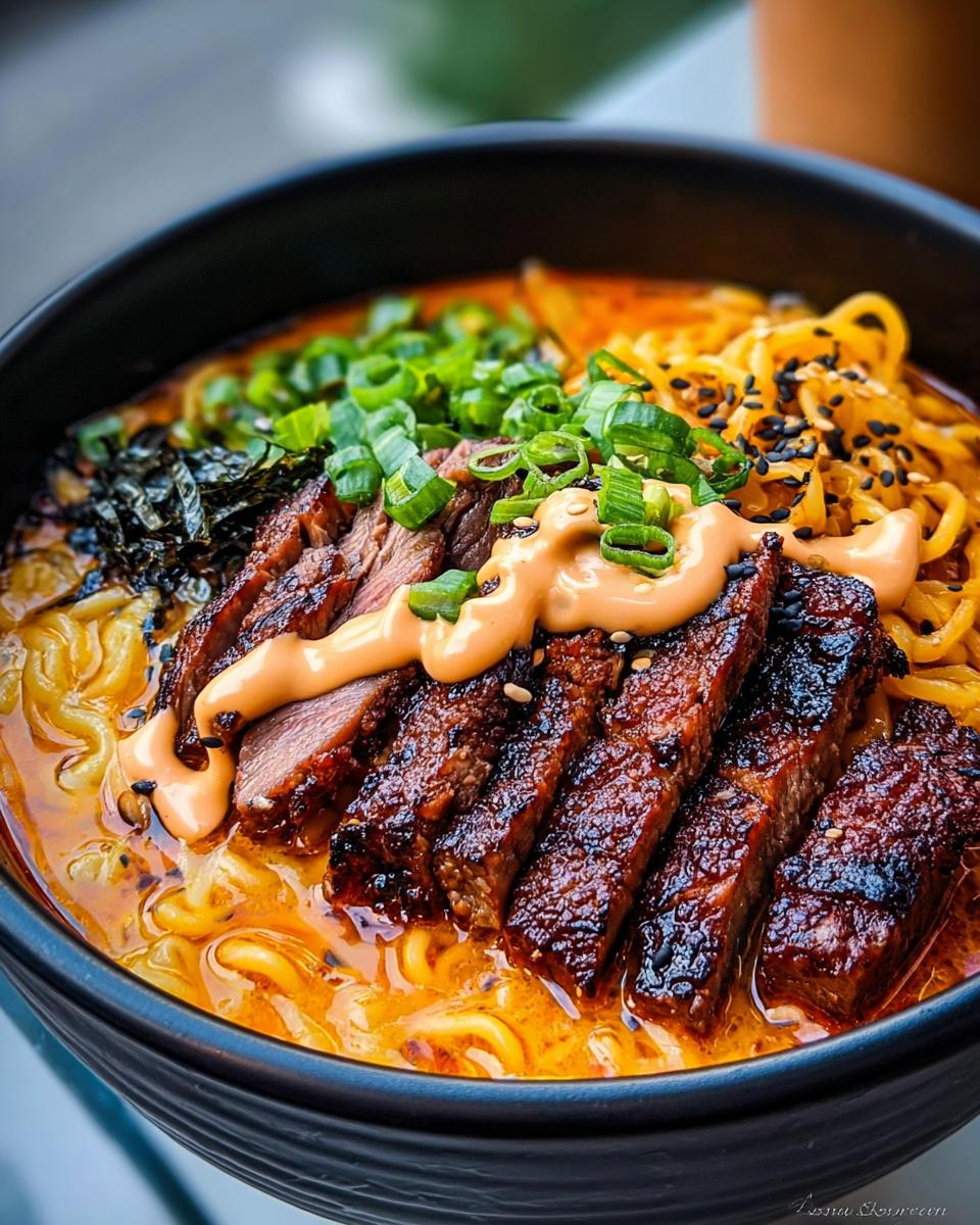 A close-up of a bowl of Spicy Korean Ramen with perfectly grilled beef slices, creamy sauce, scallions, and nori.