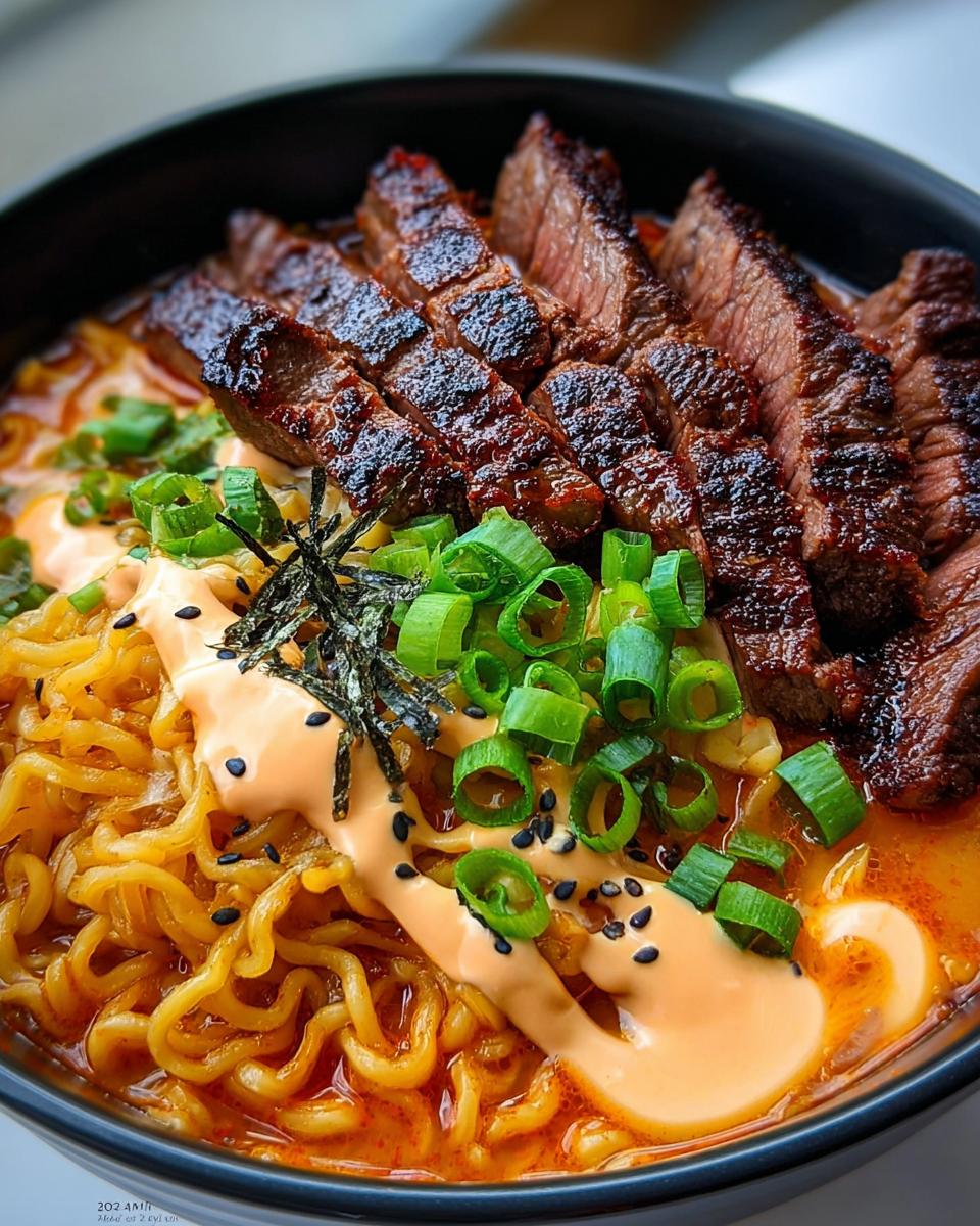 A close-up of Spicy Korean Ramen with perfectly grilled beef slices, creamy sauce, green onions, and nori.