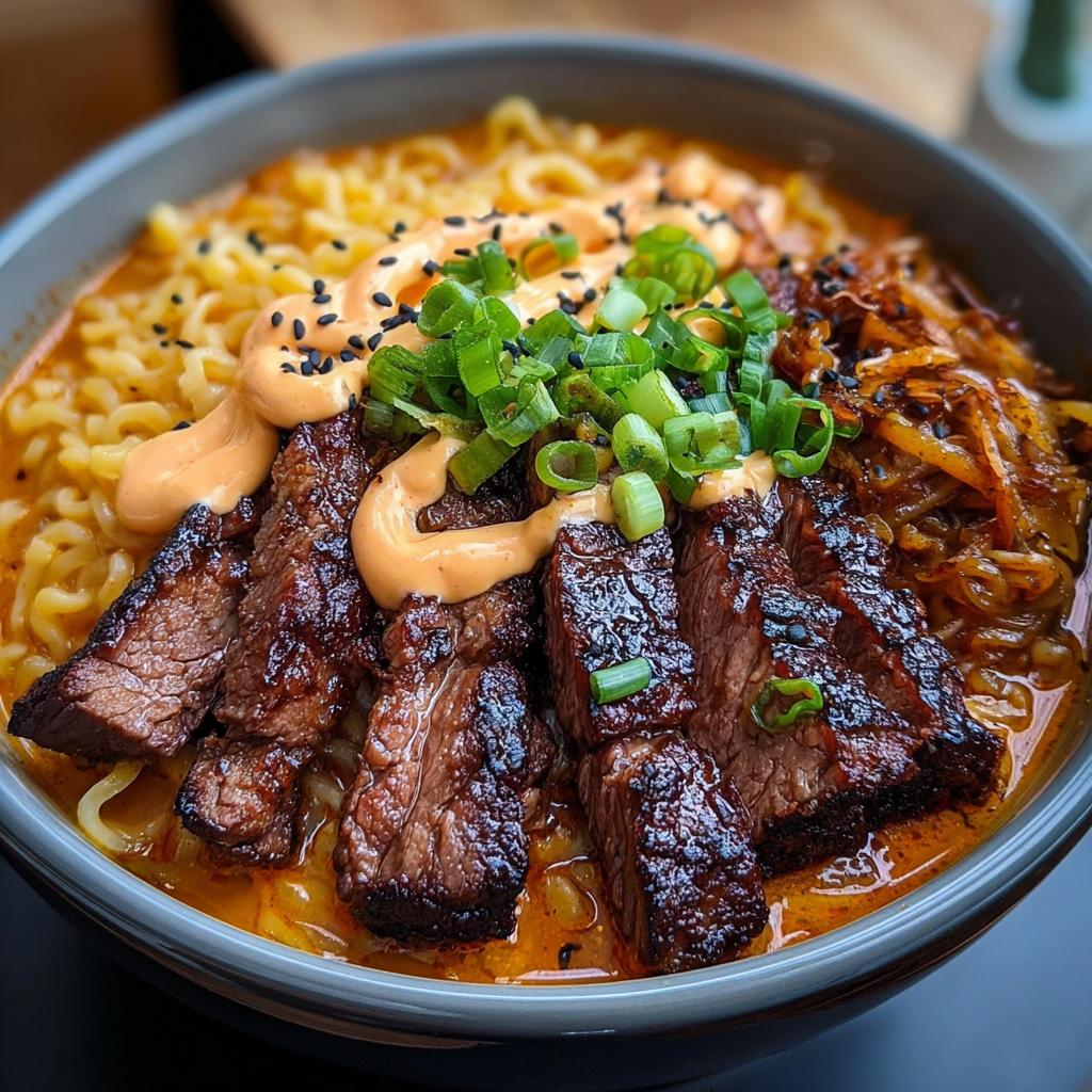 A bowl of Spicy Korean Ramen with tender grilled beef slices, creamy sauce, and fresh scallions.