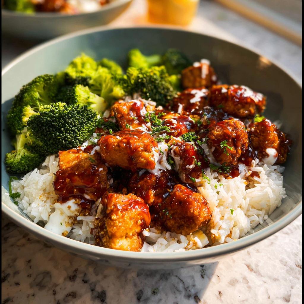 A close-up of a bowl filled with white rice, topped with glazed sticky chicken pieces and steamed broccoli florets.