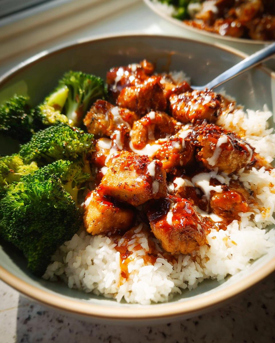 Close-up of a bowl of Sticky Chicken Bowls with fluffy rice, tender broccoli, and a drizzle of sauce.