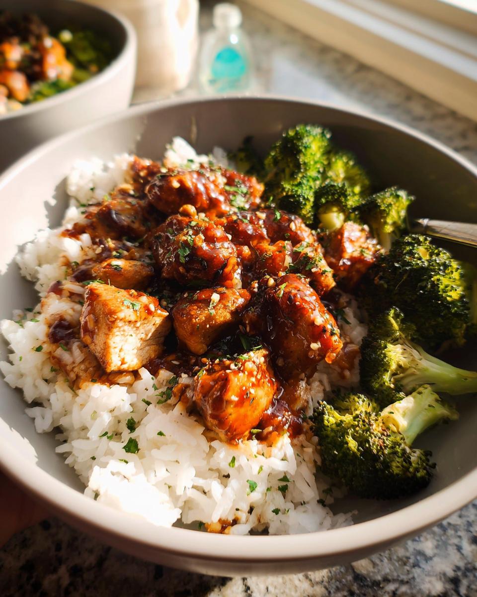 A close-up of a bowl filled with fluffy white rice, topped with glazed sticky chicken pieces and a side of steamed broccoli.