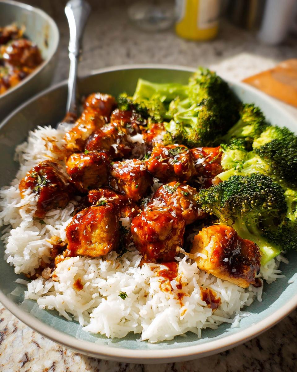 A close-up of a bowl of Sticky Chicken Bowls, featuring glazed chicken pieces over white rice with steamed broccoli.