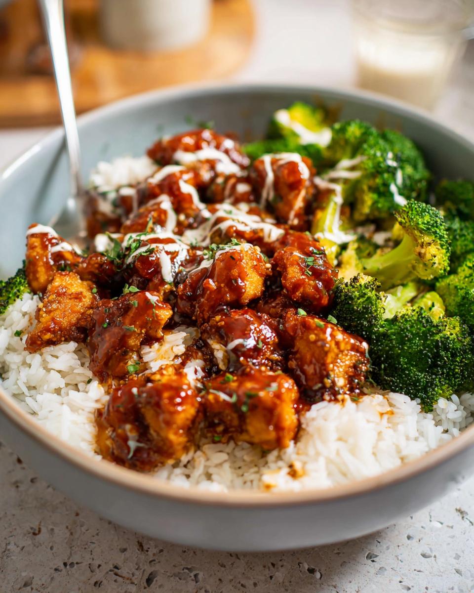 A close-up of a bowl filled with fluffy white rice, topped with glazed sticky chicken pieces and steamed broccoli, drizzled with white sauce.