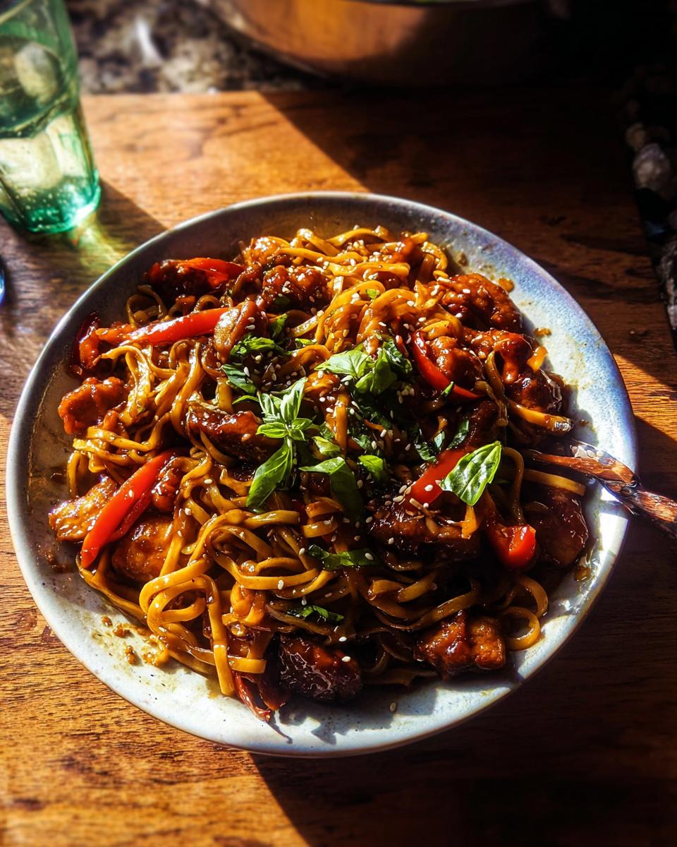 A close-up of a bowl of Sticky Garlic Chicken Noodles with red bell peppers and fresh basil.