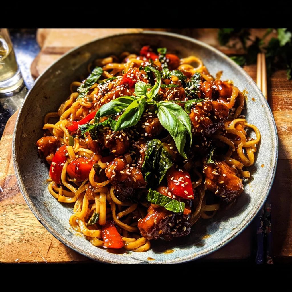 A close-up of a bowl filled with Sticky Garlic Chicken Noodles, garnished with fresh basil and sesame seeds.