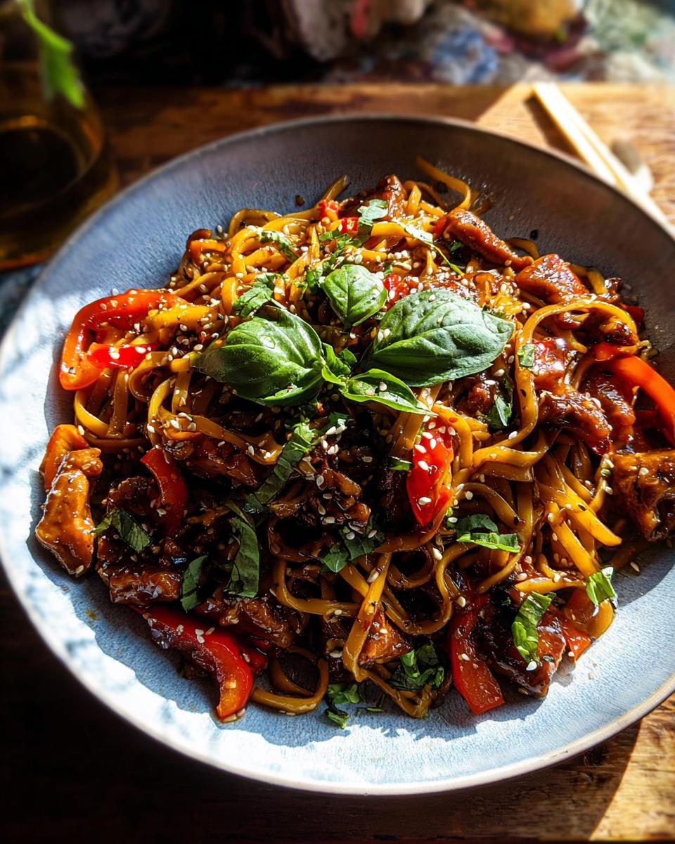 A close-up of a bowl of Sticky Garlic Chicken Noodles, featuring tender chicken pieces, vibrant red bell peppers, and fresh basil.