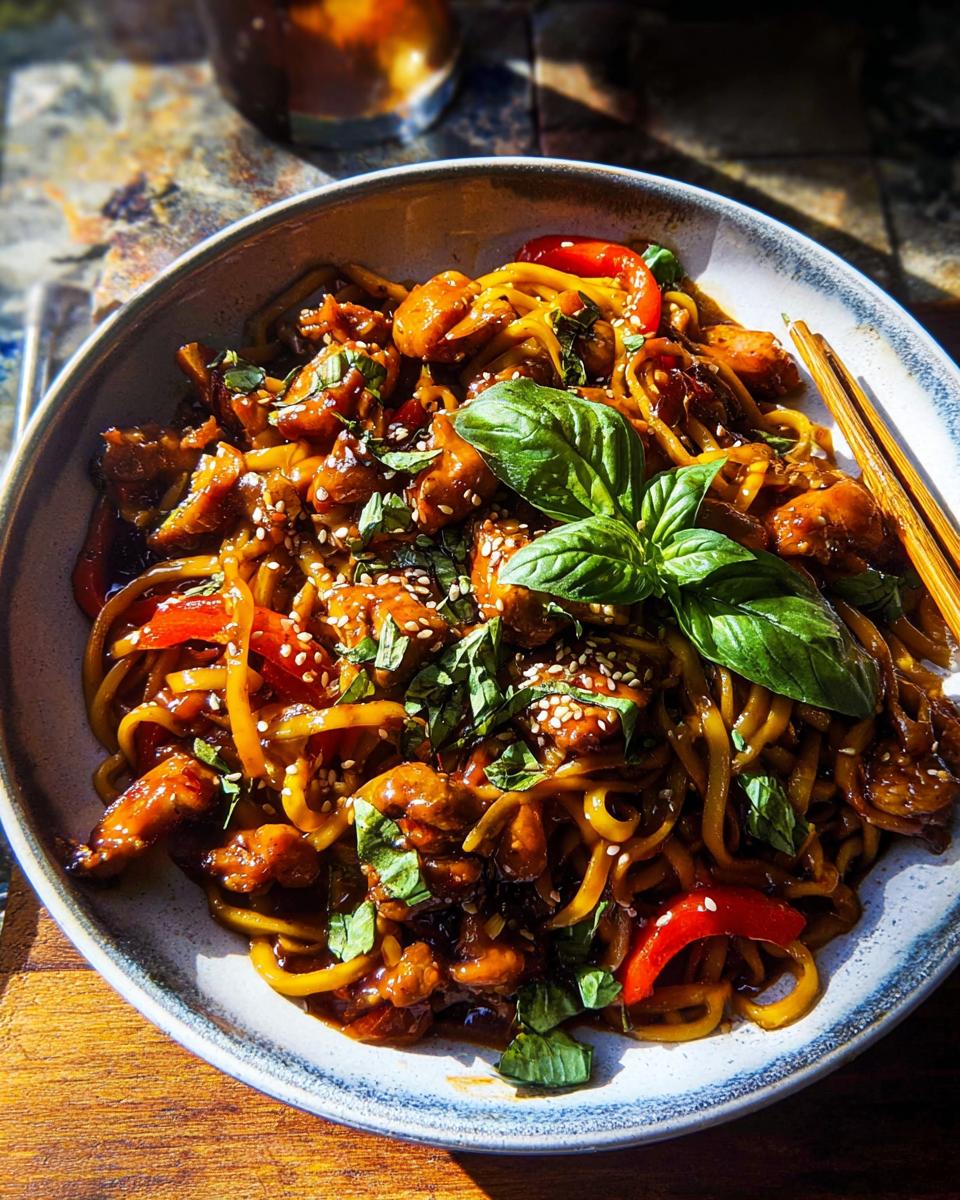 A bowl of Sticky Garlic Chicken Noodles topped with fresh basil and sesame seeds, with chopsticks on the side.
