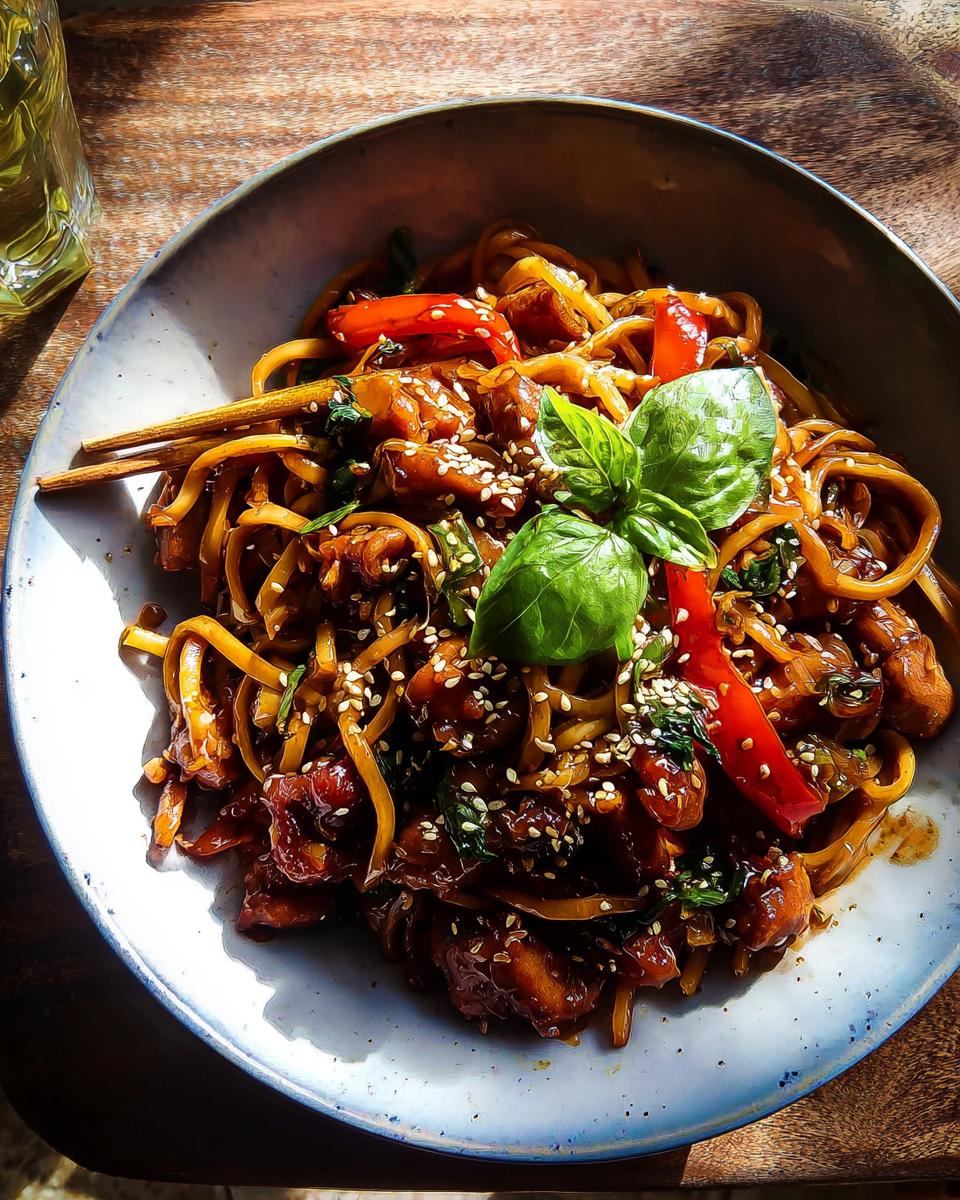 A close-up of delicious Sticky Garlic Chicken Noodles topped with sesame seeds and fresh basil.