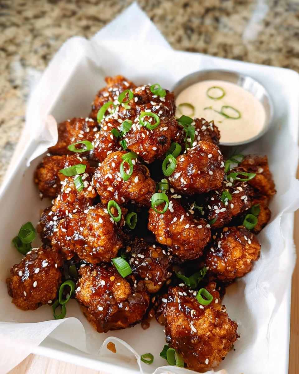 A pile of Irresistible Sticky Honey Garlic Cauliflower Recipe bites, coated in a glossy sauce and sprinkled with sesame seeds and green onions.